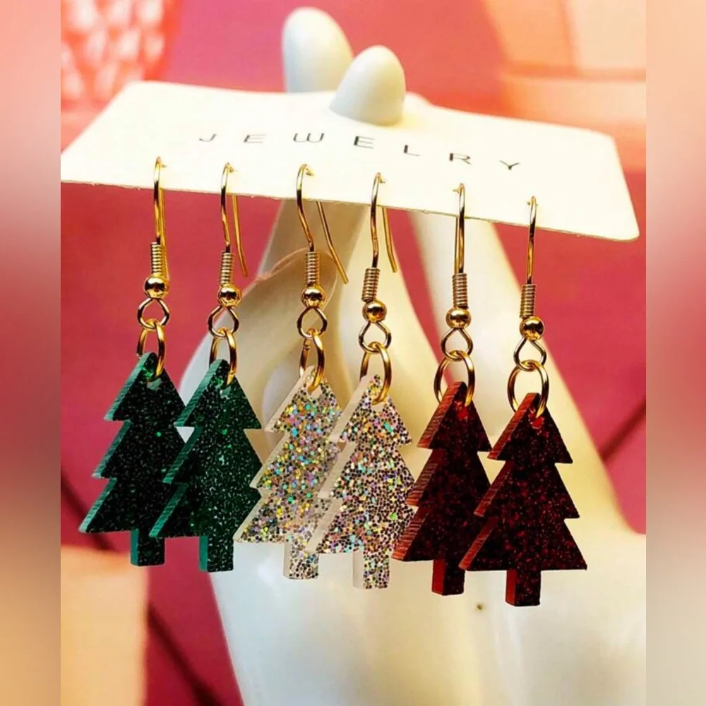 3 pair glitter Christmas tree earrings - Picture 1 of 3